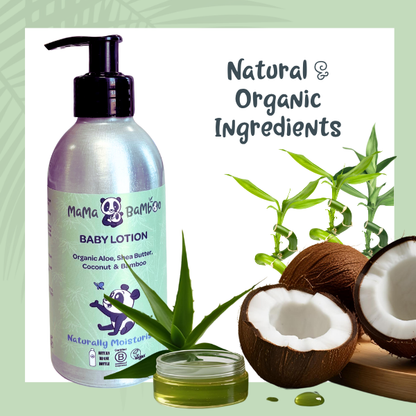 Baby lotion bottle with natural ingredients like coconuts and aloe vera on a light green background